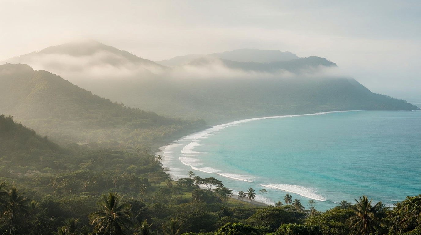 Kuststrook van Zuid-Lombok bij vroege ochtend